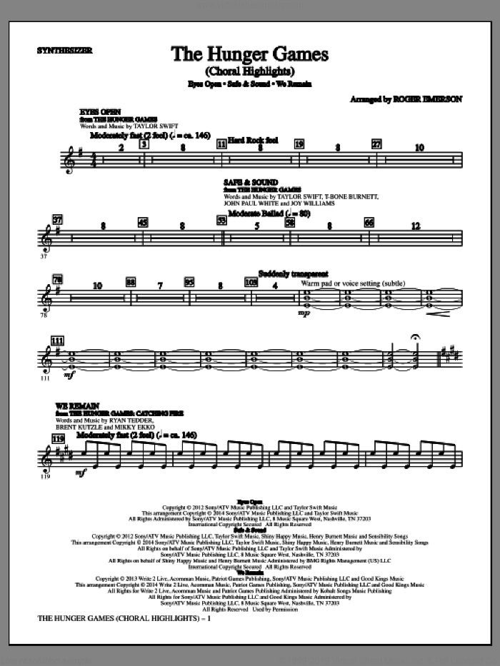 The Hunger Games (complete set of parts) sheet music for orchestra/band by Taylor Swift, John Paul White, Joy Williams, Roger Emerson, T-Bone Burnett and Taylor Swift featuring The Civil Wars, intermediate skill level