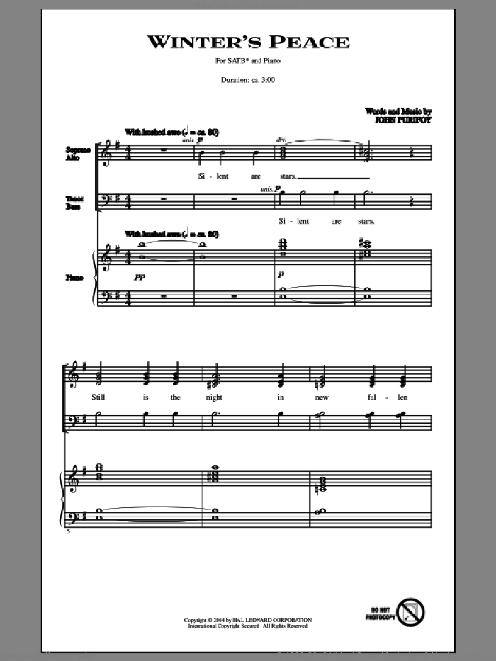 Winter's Peace sheet music for choir (SATB: soprano, alto, tenor, bass) by John Purifoy, intermediate skill level