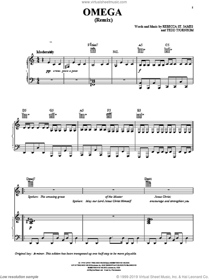 Omega (Remix) sheet music for voice, piano or guitar by Rebecca St. James and Tedd Tjornhom, intermediate skill level