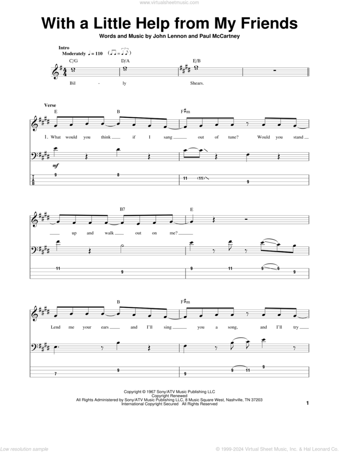 With A Little Help From My Friends sheet music for bass (tablature) (bass guitar) by The Beatles, Joe Cocker, Sam And Mark, John Lennon and Paul McCartney, intermediate skill level