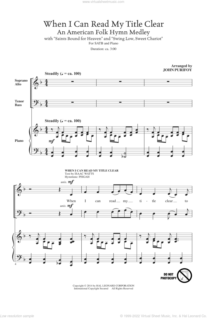 When I Can Read My Title Clear sheet music for choir (SATB: soprano, alto, tenor, bass) by John Purifoy, Isaac Watts, Kentucky Harmony and Miscellaneous, intermediate skill level