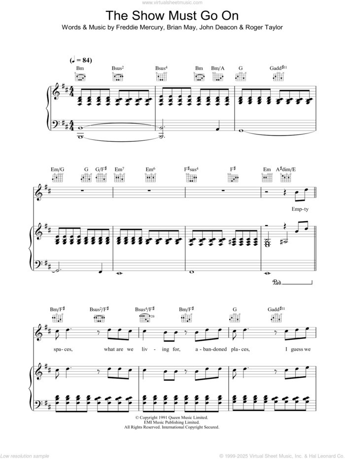 The Show Must Go On sheet music for voice, piano or guitar by Queen, Brian May, Freddie Mercury, John Deacon and Roger Taylor, intermediate skill level