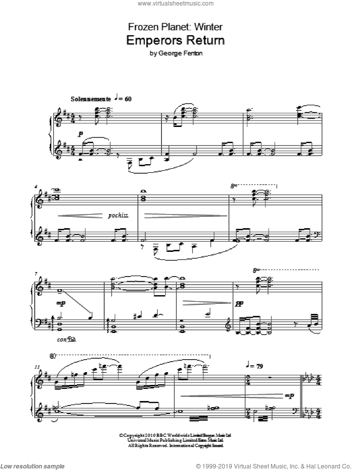 Frozen Planet, Emperors Return sheet music for piano solo by George Fenton, intermediate skill level