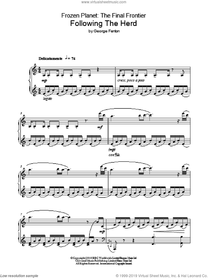 Frozen Planet, Following The Herd sheet music for piano solo by George Fenton, intermediate skill level