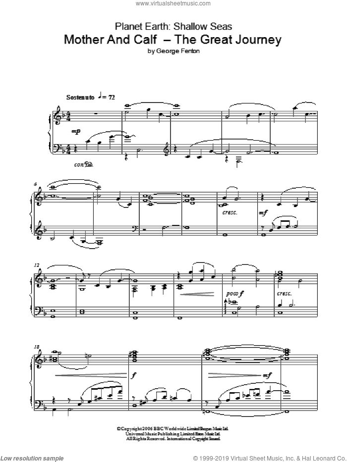 Planet Earth: Mother And Calf - The Great Journey sheet music for piano solo by George Fenton, intermediate skill level