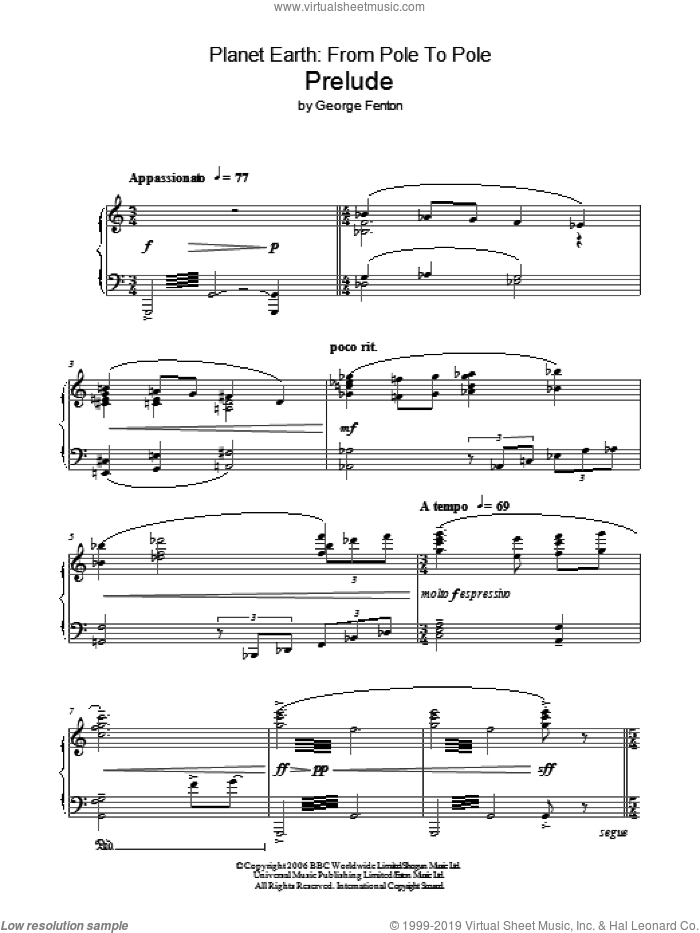 Planet Earth: Prelude sheet music for piano solo by George Fenton, intermediate skill level