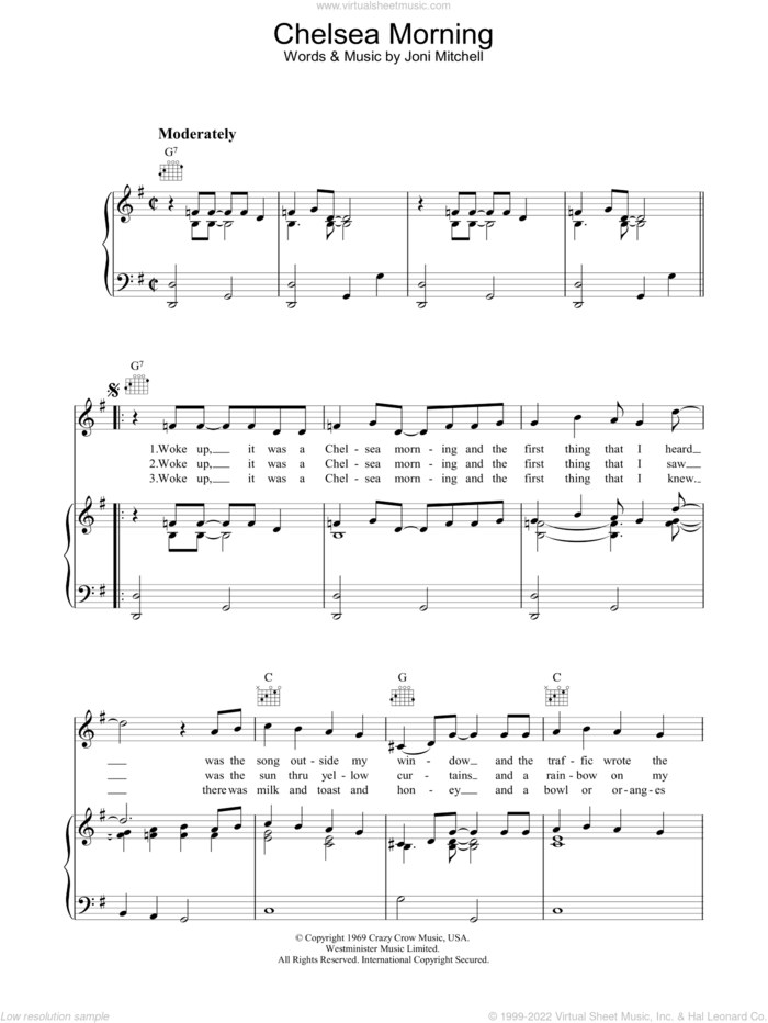 Chelsea Morning sheet music for voice, piano or guitar by Joni Mitchell, intermediate skill level