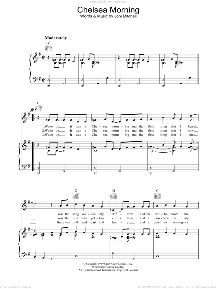 Chelsea Morning sheet music for voice, piano or guitar by Joni Mitchell, intermediate skill level