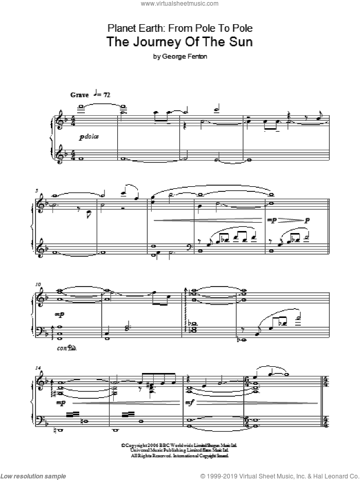 Planet Earth: The Journey Of The Sun sheet music for piano solo by George Fenton, intermediate skill level