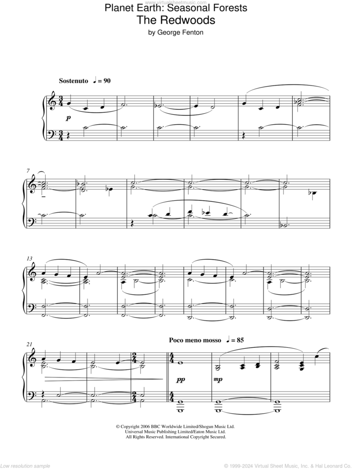 Planet Earth: The Redwoods sheet music for piano solo by George Fenton, intermediate skill level