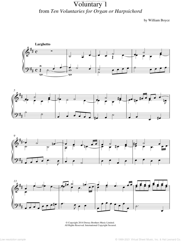 Voluntary 1 In D Major From 10 Voluntaries For Harpsichord sheet music for piano solo by William Boyce, classical score, intermediate skill level