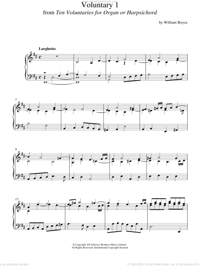 Voluntary 1 In D Major From 10 Voluntaries For Harpsichord sheet music for piano solo by William Boyce, classical score, intermediate skill level