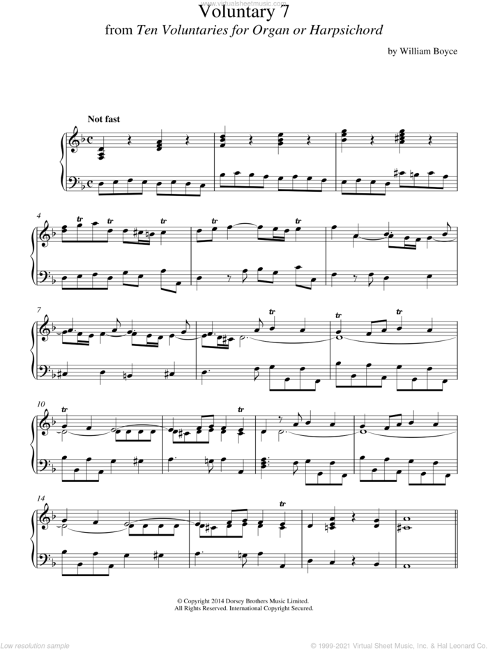 Voluntary 7 In D Minor From 10 Voluntaries For Harpsichord sheet music for piano solo by William Boyce, classical score, intermediate skill level