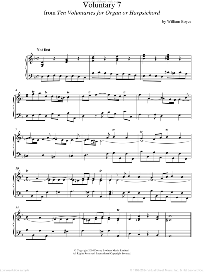 Voluntary 7 In D Minor From 10 Voluntaries For Harpsichord sheet music for piano solo by William Boyce, classical score, intermediate skill level