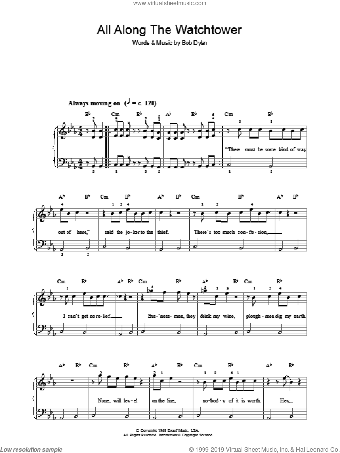 All Along The Watchtower (abridged arrangement) sheet music for piano solo by Bob Dylan, easy skill level