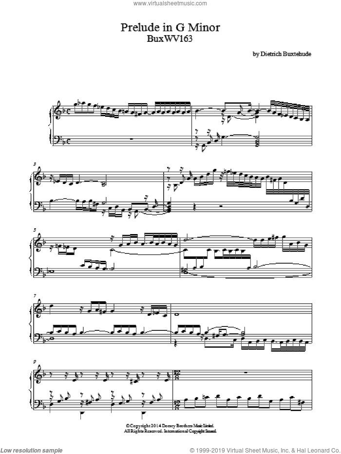 Prelude In G Minor Buxwv163 sheet music for piano solo by Dietrich Buxtehude, classical score, intermediate skill level