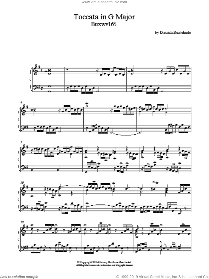 Toccata In G Major Buxwv165 sheet music for piano solo by Dietrich Buxtehude, classical score, intermediate skill level