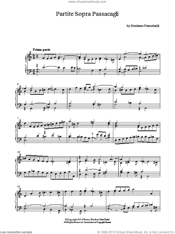 Partite Sopra Passacagli sheet music for piano solo by Girolamo Frescobaldi, classical score, intermediate skill level