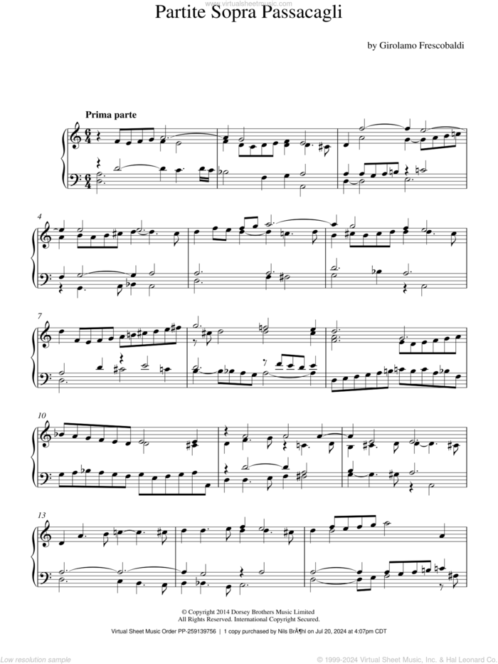 Partite Sopra Passacagli sheet music for piano solo by Girolamo Frescobaldi, classical score, intermediate skill level