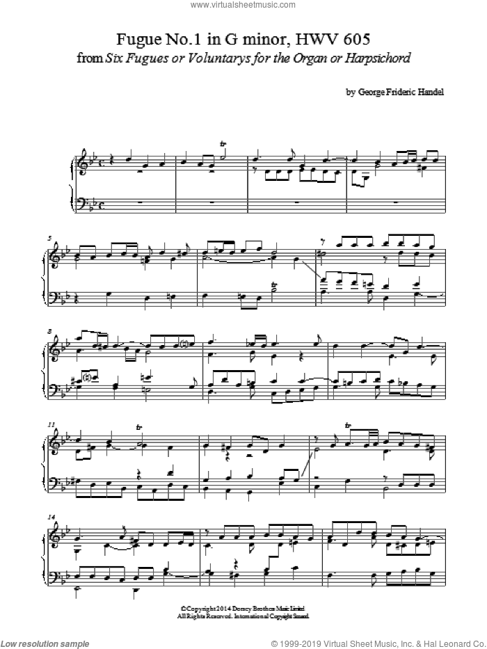 Fugue No.1 In G Minor (From 6 Fugues) HWV 605 sheet music for piano solo by George Frideric Handel, classical score, intermediate skill level