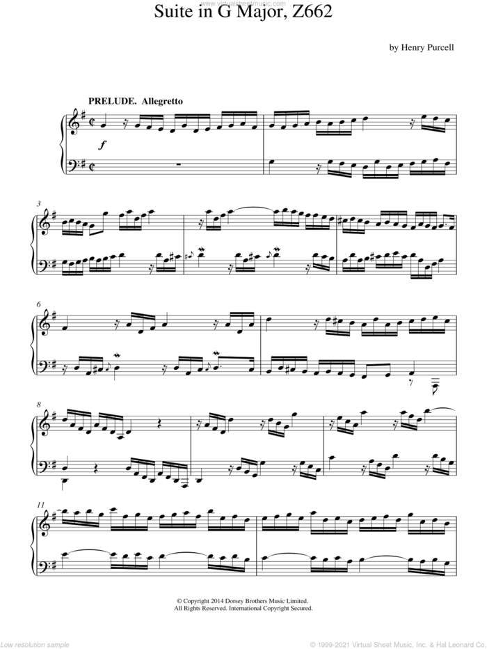 Suite In G Major sheet music for piano solo by Henry Purcell, classical score, intermediate skill level