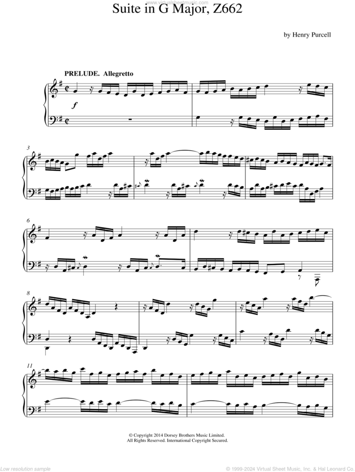 Suite In G Major sheet music for piano solo by Henry Purcell, classical score, intermediate skill level