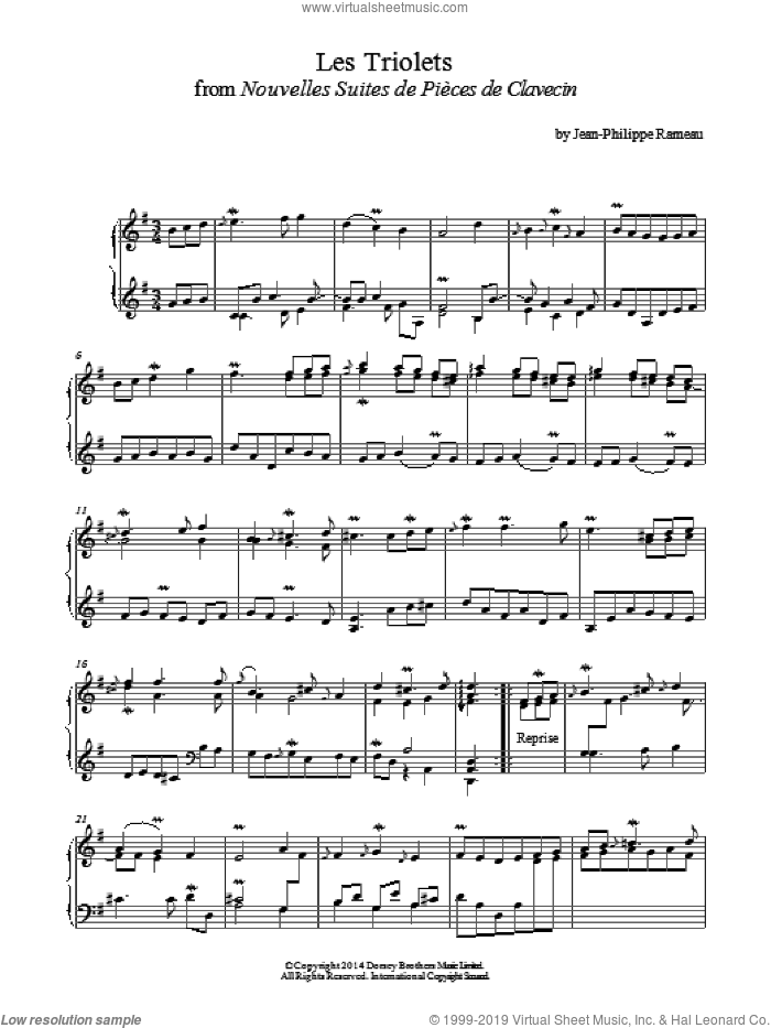 Les Triolets From Nouvelles Suites De Pieces De Clavecin sheet music for piano solo by Jean-Philippe Rameau, classical score, intermediate skill level