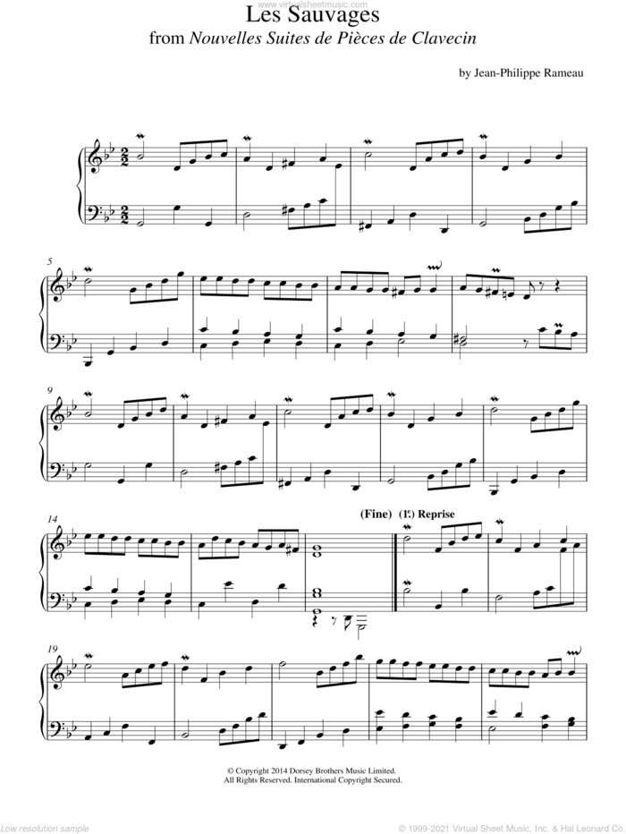 Les Sauvages From Nouvelles Suites De Pieces De Clavecin sheet music for piano solo by Jean-Philippe Rameau, classical score, intermediate skill level