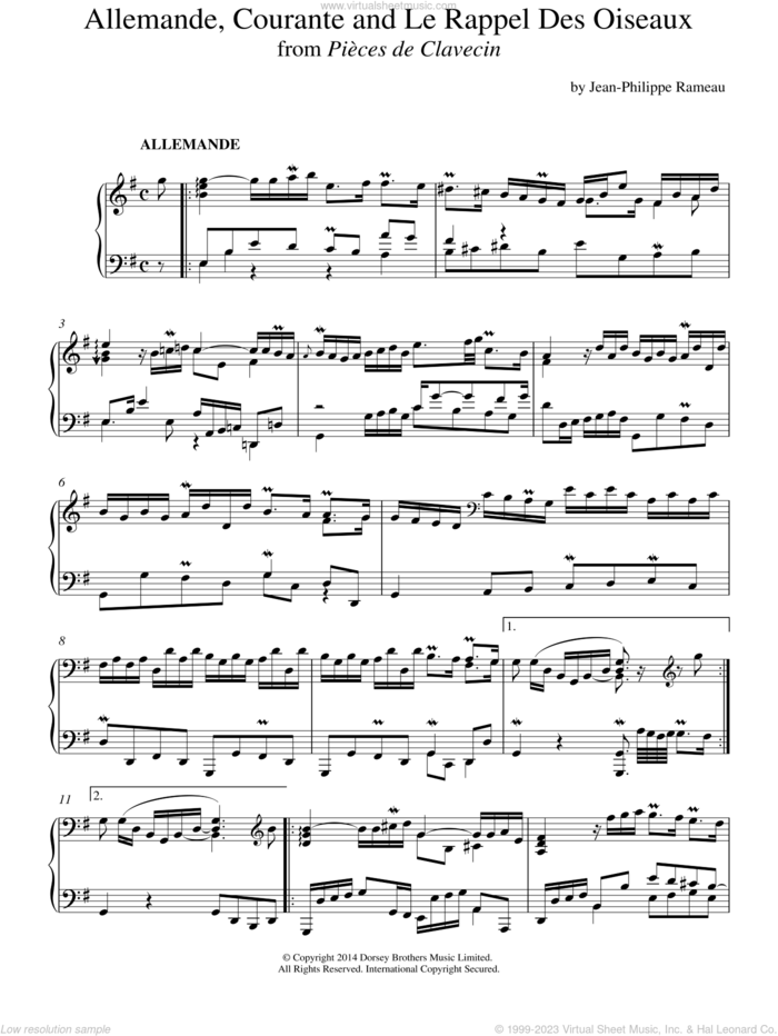 Allemande, Courante and 'Le Rappel Des Oiseaux' From Pieces De Clavecin sheet music for piano solo by Jean-Philippe Rameau, classical score, intermediate skill level