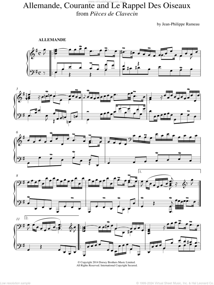 Allemande, Courante and 'Le Rappel Des Oiseaux' From Pieces De Clavecin sheet music for piano solo by Jean-Philippe Rameau, classical score, intermediate skill level