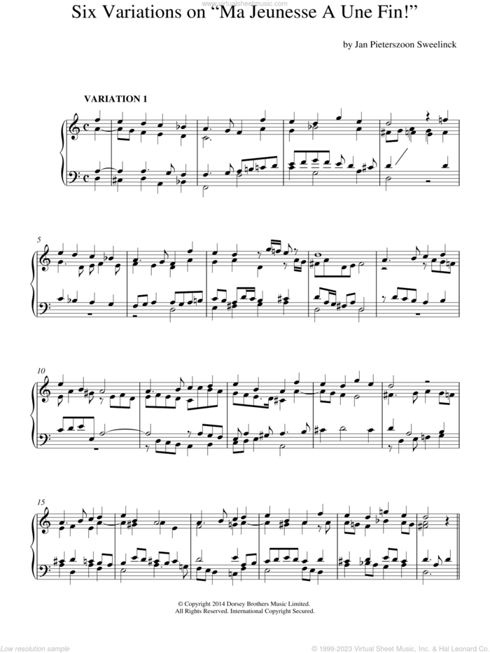 6 Variations On Ma Jeunesse A Une Fin! sheet music for piano solo by Jan Pieterszoon Sweelinck, classical score, intermediate skill level