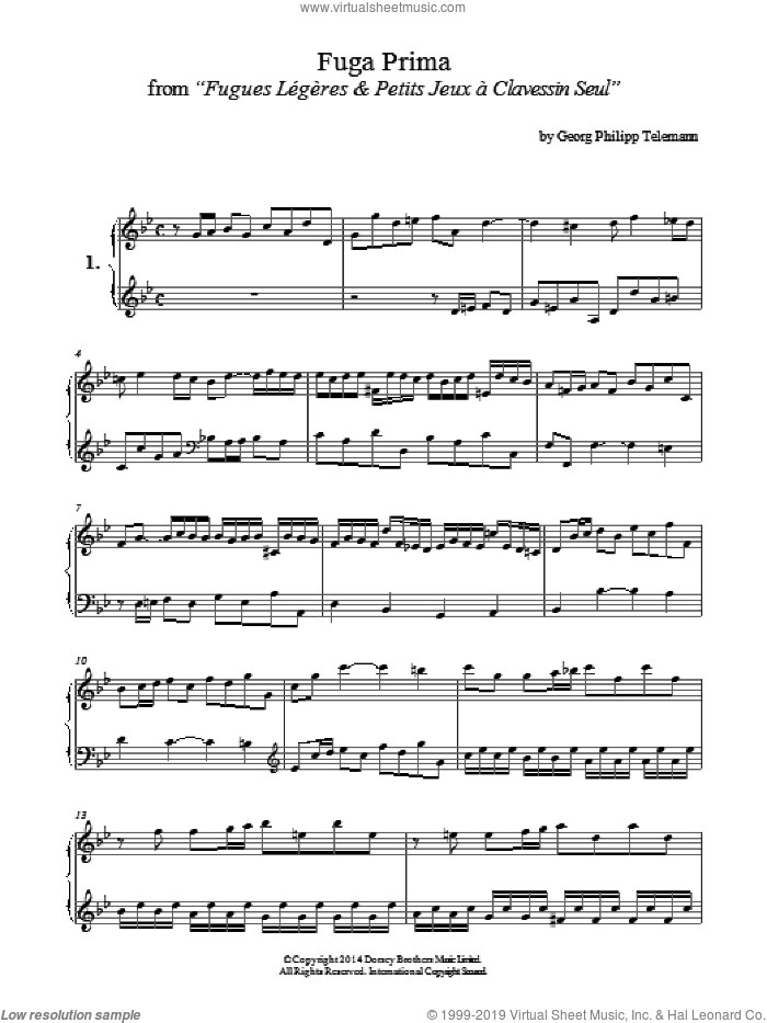 Fuga Prima From 'Fugues Legeres and Petits Jeux A Clavessin Seul' sheet music for piano solo by Georg Philipp Telemann, classical score, intermediate skill level