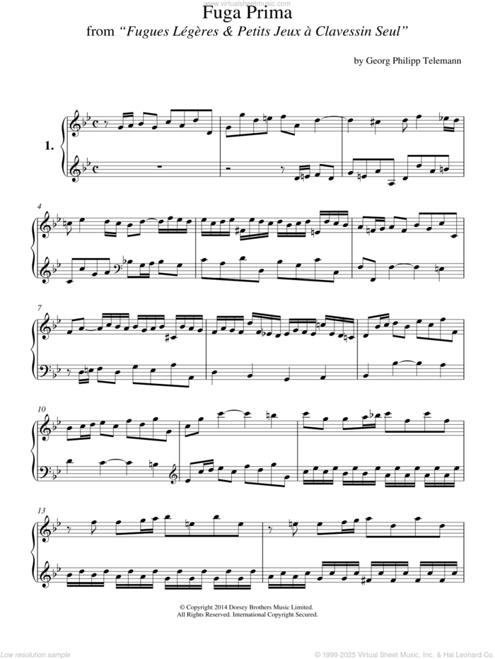 Fuga Prima From 'Fugues Legeres and Petits Jeux A Clavessin Seul' sheet music for piano solo by Georg Philipp Telemann, classical score, intermediate skill level