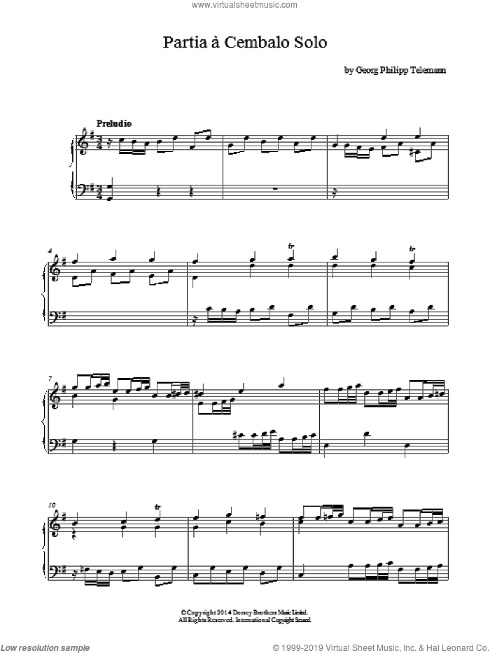 Partia A Cembalo Solo sheet music for piano solo by Georg Philipp Telemann, classical score, intermediate skill level