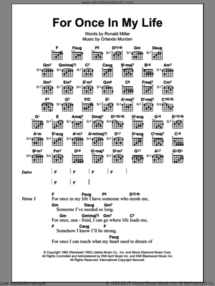 For Once In My Life sheet music for guitar (chords) by Stevie Wonder, Orlando Murden and Ron Miller, intermediate skill level