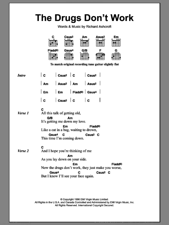 The Drugs Don't Work sheet music for guitar (chords) by The Verve and Richard Ashcroft, intermediate skill level