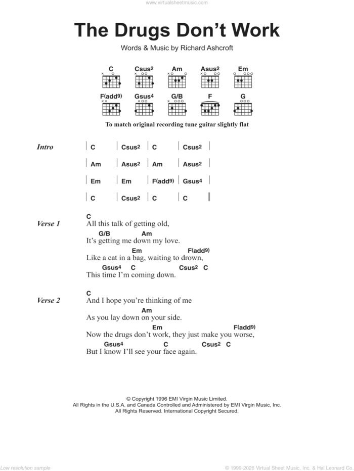 The Drugs Don't Work sheet music for guitar (chords) by The Verve and Richard Ashcroft, intermediate skill level