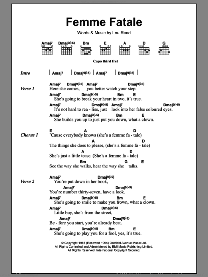 Femme Fatale sheet music for guitar (chords) by The Velvet Underground and Lou Reed, intermediate skill level
