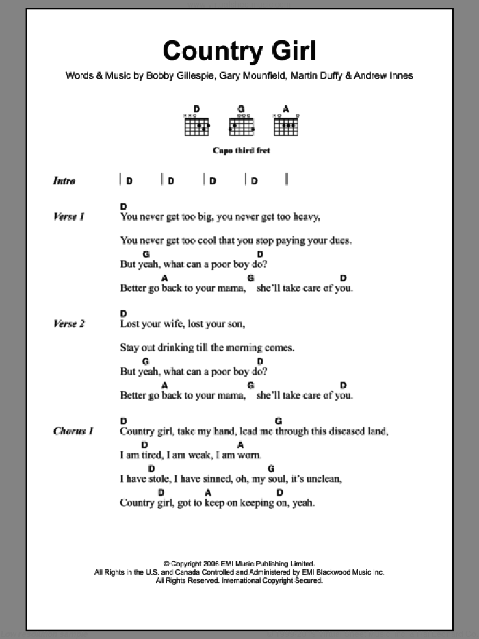 Country Girl sheet music for guitar (chords) by Primal Scream, Andrew Innes, Bobby Gillespie, Gary Mounfield and Martin Duffy, intermediate skill level