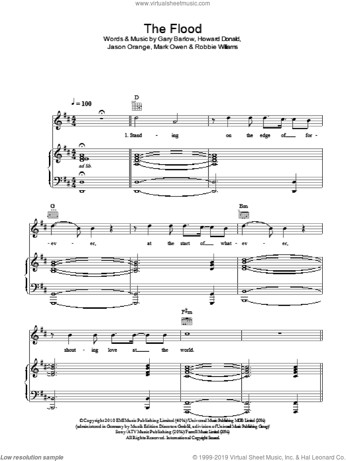 The Flood sheet music for voice, piano or guitar by Take That, Gary Barlow, Howard Donald, Jason Orange, Mark Owen and Robbie Williams, intermediate skill level