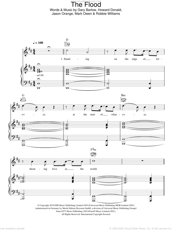 The Flood sheet music for voice, piano or guitar by Take That, Gary Barlow, Howard Donald, Jason Orange, Mark Owen and Robbie Williams, intermediate skill level