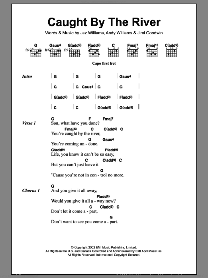 Caught By The River sheet music for guitar (chords) by Doves, Andrew Sebastion Williams, Jamie Goodwin and Jeremy Williams, intermediate skill level