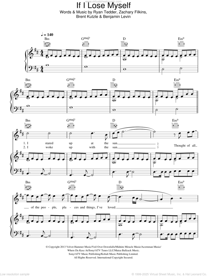 If I Lose Myself sheet music for voice, piano or guitar by OneRepublic, Benjamin Levin, Brent Kutzle, Ryan Tedder and Zack Filkins, intermediate skill level