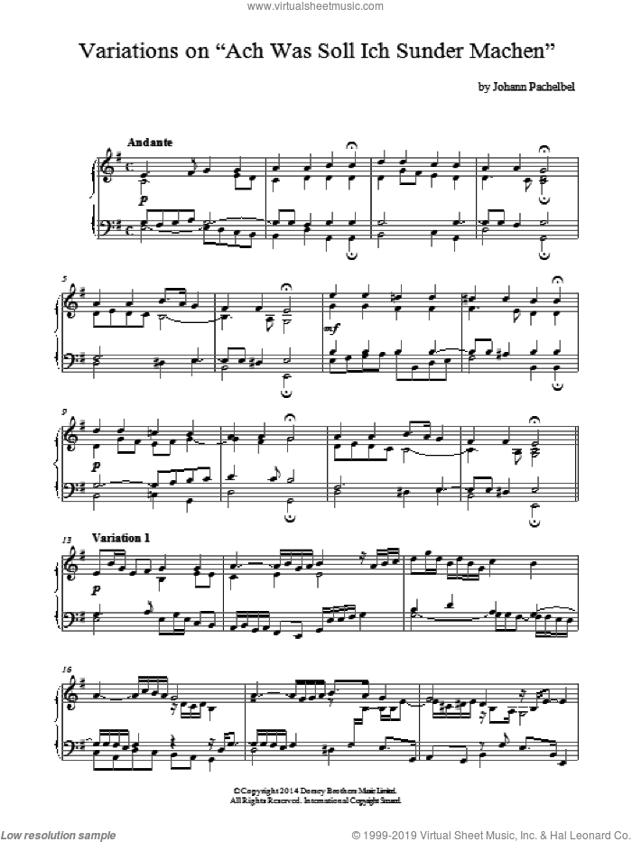 Variations On 'Ach, Was Soll Ich Sunder Machen' sheet music for piano solo by Johann Pachelbel, classical score, intermediate skill level