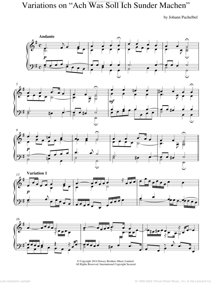 Variations On 'Ach, Was Soll Ich Sunder Machen' sheet music for piano solo by Johann Pachelbel, classical score, intermediate skill level