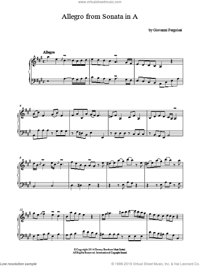 Allegro (Harpsichord Sonata In A Major) sheet music for piano solo by Giovanni Battista Pergolesi, classical score, intermediate skill level