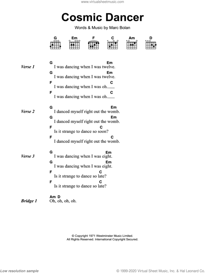 Cosmic Dancer sheet music for guitar (chords) by T Rex and Marc Bolan, intermediate skill level