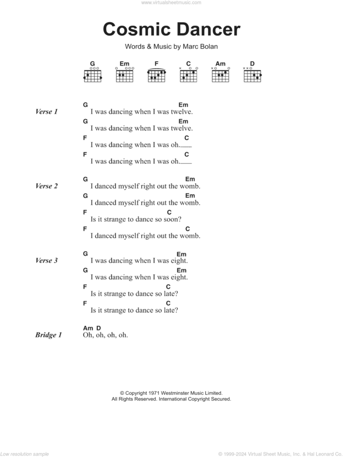 Cosmic Dancer sheet music for guitar (chords) by T Rex and Marc Bolan, intermediate skill level