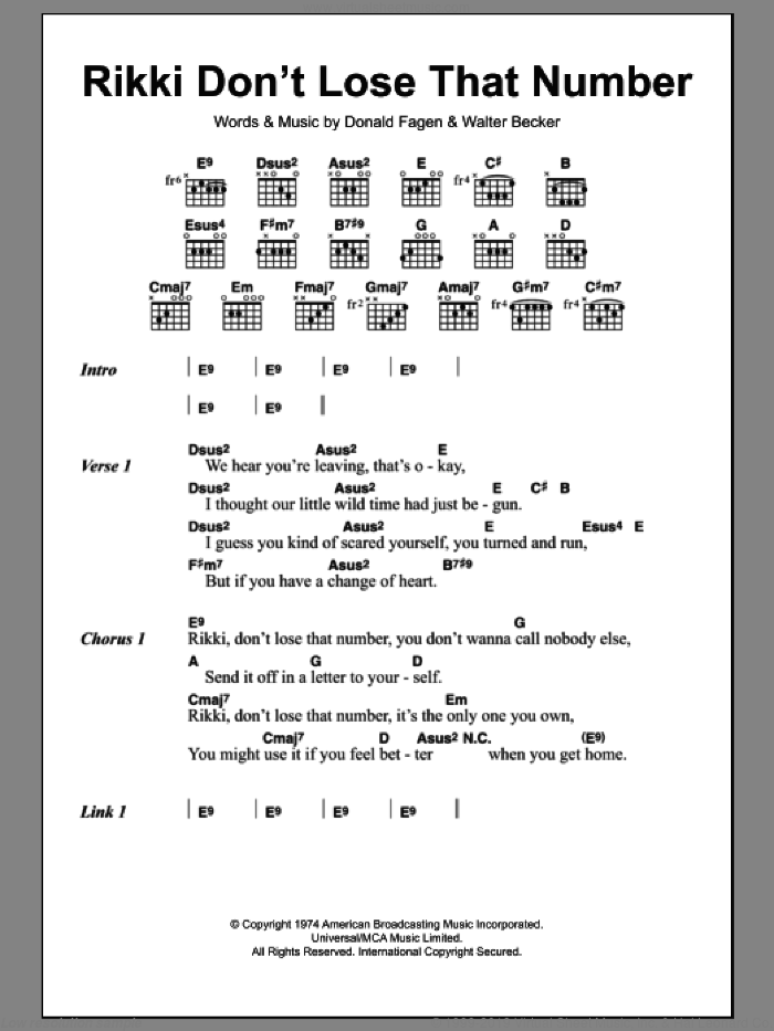 Rikki Don't Lose That Number sheet music for guitar (chords) by Steely Dan, Donald Fagen and Walter Becker, intermediate skill level