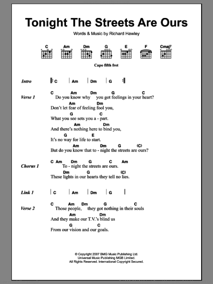 Tonight The Streets Are Ours sheet music for guitar (chords) by Richard Hawley, intermediate skill level
